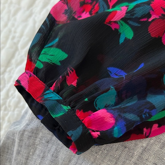 J. Crew Smocked Keyhole Blouse Black with Pink, Red and Blue Floral Design - Picture 4 of 8